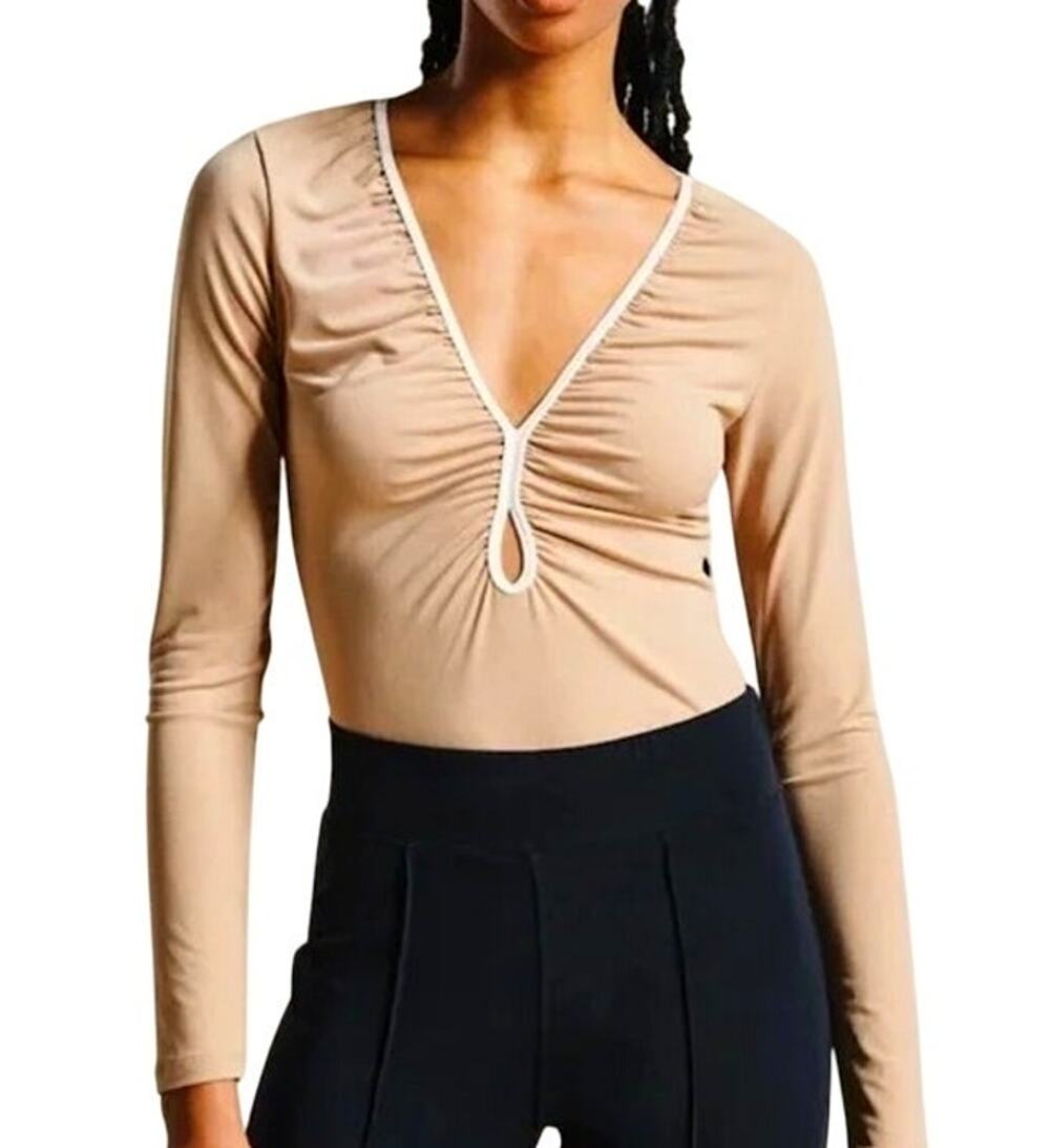 Abercrombie & Fitch Ruched Keyhole Top Small Brown Tan Minimal Quiet Luxury